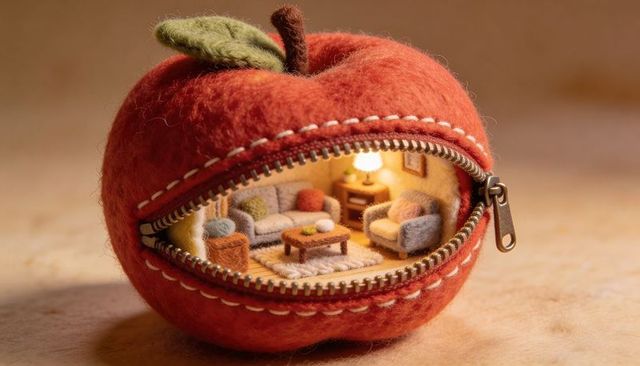 Felt apple revealing miniature cozy living room diorama with metal zipper and tiny sofas