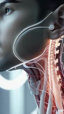 Animating neural overlay responding to ear module pulses on Asian woman in lab