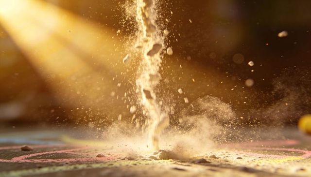 Sunlit powder column erupting into glowing dust plume on pavement with pastel chalk rings