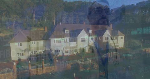Businessman Overlaid on Stock Market and Luxury Villa Background