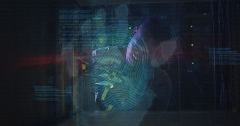 African american technician working in server room with digital fingerprint interface