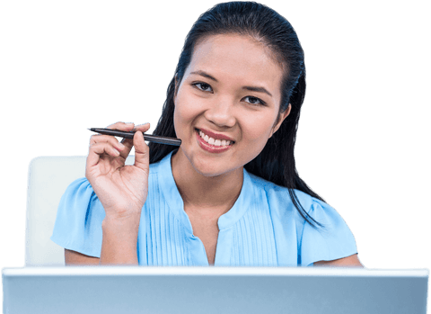 Transparent smiling businesswoman holding pen at desk