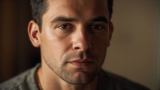 Contemplative male closeup portrait with stubble and gold chain in soft studio light