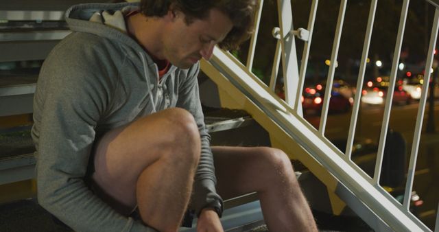 Man sitting on outdoor staircase lacing his running shoes at night. Ideal for illustrating themes of fitness, night exercise routines, athletic preparation, and dedication to working out in urban settings.