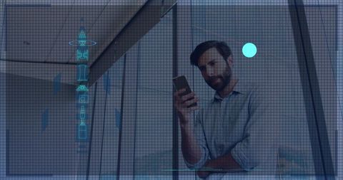 Businessman Holding Smartphone Leaning on Glass with Futuristic HUD Overlay and Blue Grid