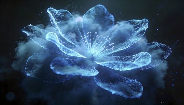 Glowing particle flower radiating cyan light with volumetric bokeh and ethereal filaments