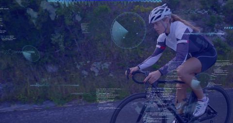 Image shows a cyclist pedaling on a rural road, wearing a helmet and sportswear, enhanced by digital overlay elements such as radar graphics and interface data. Perfect for advertising educational content about technology in sports, blogs about fitness devices, and articles on modern athletics.