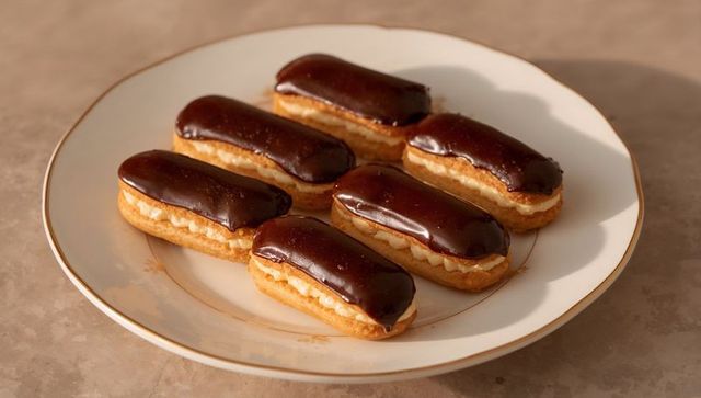 Chocolate eclairs with glossy ganache and cream filling on gold-rim plate in warm light