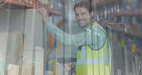 Warehouse Worker with Digital Stock Overlay Visualizing Data Insights