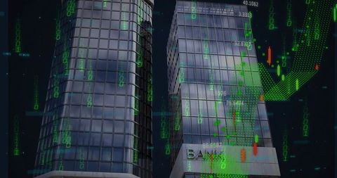 Glass bank towers showing digital market data overlay with green candlesticks and uptrend