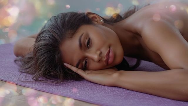 Serene Woman Relaxing on Lavender Yoga Mat with Bokeh