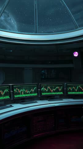 Vertical video Futuristic spaceship bridge monitoring live data feeds, pulsing starfield
