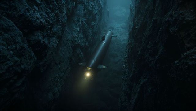 Autonomous torpedo drone uuv navigating deep-sea canyon illuminating abyss with beam