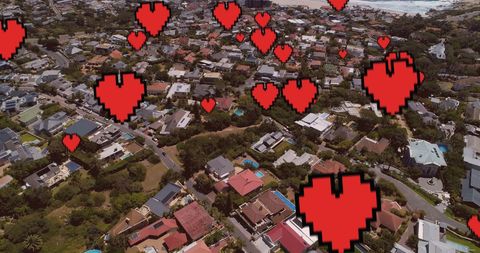 Digital Hearts Above Cityscape Representing Social Connections