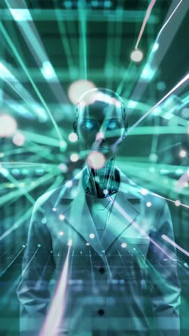 Converging Beams Surrounding Lab-Coated Android Forming Glowing Halo in Futuristic AI Lab