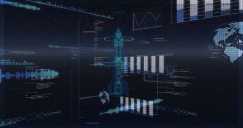 Holographic rocket telemetry hud display visualizing launch data and real-time flight metrics