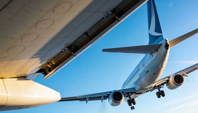Close-up passenger jet descending with landing gear and extended flaps against blue sky