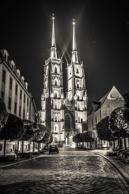 This black and white night scene features an illuminated Gothic cathedral with towering spires, lining a cobblestone street. Street lights cast a warm glow on the surrounding buildings, creating a historic and serene ambiance. This image can be used for travel brochures, history presentations, or cityscape artworks emphasizing European architectural heritage.