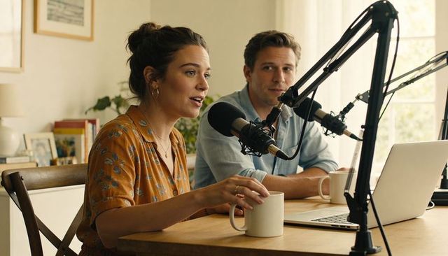 Hosting intimate home podcast conversation with cohosts, microphones, laptop, coffee mugs
