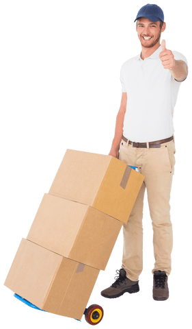 Happy delivery man giving thumbs up with boxes on trolley transparent