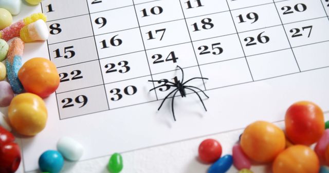 Black spider crawling on calendar filled with various candies. Ideal for Halloween promotions, event planning, and holiday-themed marketing. Use this image to highlight spooky events or countdowns.