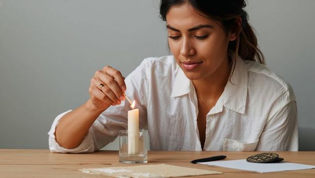 Woman lighting pillar candle for calm workspace ritual, minimal interior, warm glow