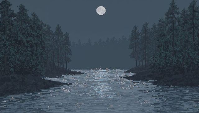 Pixel-art moonlit river channel shimmering under full moon with conifer forest silhouettes