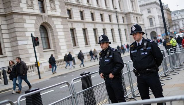 Uniformed police standing behind metal barriers monitoring crowd outside stone building
