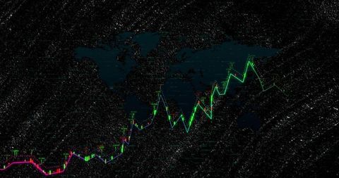 Multicolored line chart with world map for data visualization
