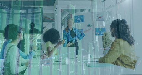 Diverse Team Engaging in Office Brainstorm with Data Overlay