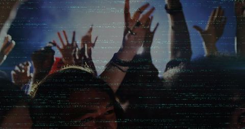 Nightclub crowd raising hands under neon lights with digital glitch effect and haze