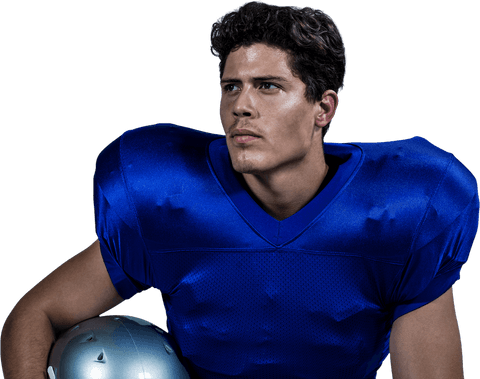 Determined american football player in transparent blue jersey