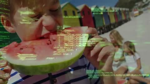 Boy Enjoying Watermelon at Beach with Code Overlay