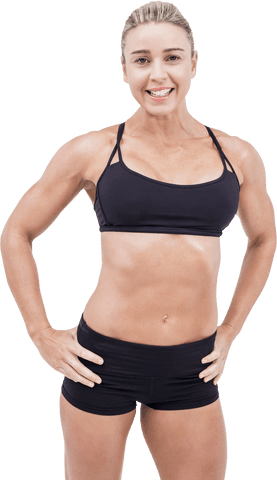 Confident Female Athlete Smiling in Black Workout Attire, Transparent Background