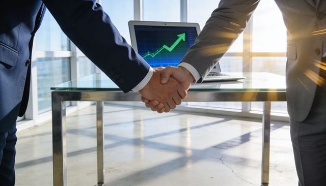 Shaking Hands Over Rising Profit Chart on Laptop in Modern Glass Tower Business Deal