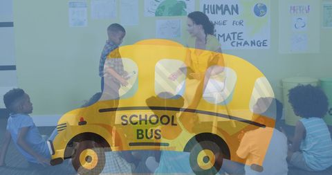 Diverse Classroom Learning with School Bus Motif Overlay - Download Free Stock Images Pikwizard.com