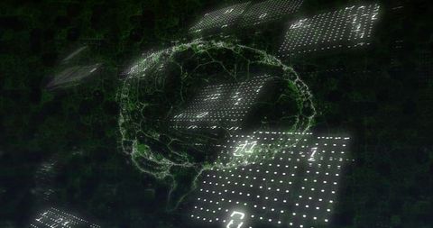 Sleek digital brain among binary tiles illustrating innovation