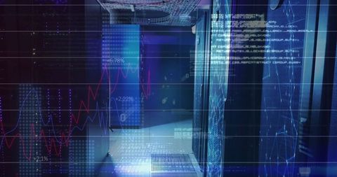 Futuristic Data Center with Digital Overlays and Line Charts