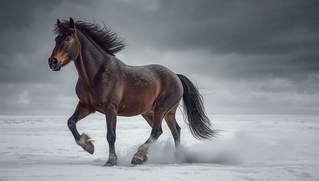 Bay horse galloping across snowy plain under dramatic stormy sky, winter equine motion