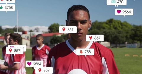 Teen Soccer Player in Playfield with Social Media Notifications Overlay