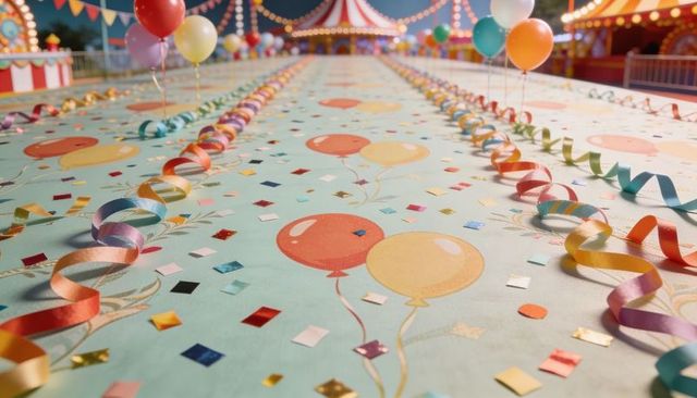 Colorful carnival game table with balloons, streamers and confetti at night fair
