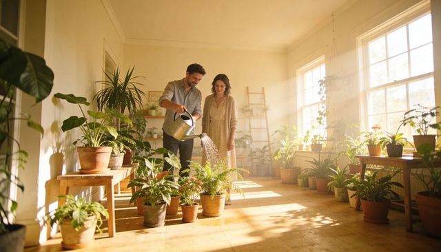 Couple tending indoor plants in sunroom using metal watering can, gardening lifestyle