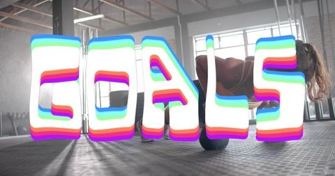 Woman performing ab-wheel rollout in sunlit industrial gym with colorful goals overlay