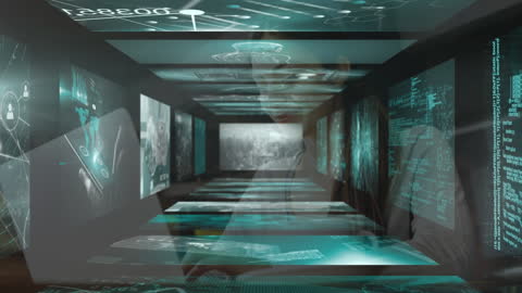 Digital Data Stream with Professional Woman Using Laptop