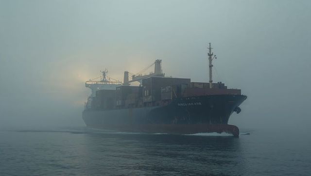 Container ship cutting through heavy fog at sea with stacked containers, rusted hull