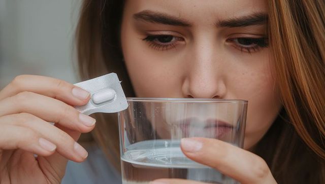 Young woman taking medication with glass of water closeup showing selfcare and concern
