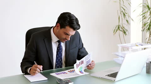 Business Executive Analyzing Financial Graphs and Charts in Office
