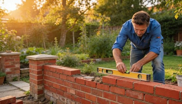 Homeowner leveling brick garden wall with spirit level at golden hour, masonry project
