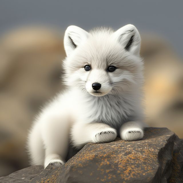 Close up of cute white fox on rock, created using generative ai technology. Wild animal, nature, beauty in nature and wildlife concept digitally generated image.