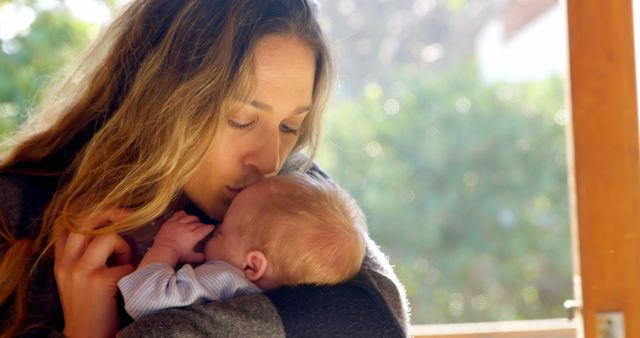 A young Caucasian woman tenderly kisses her baby, with copy space - Download Free Stock Photos Pikwizard.com